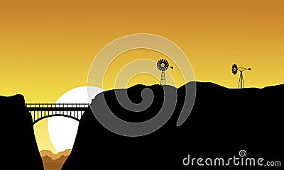 Silhouette of bridge and windmill landscape Vector Illustration