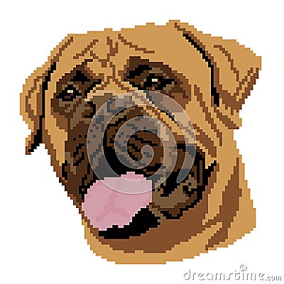Silhouette of a brown dog Bultmastif breed, muzzle, portrait painted in the form of squares, pixels Cartoon Illustration