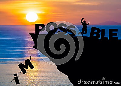 Silhouette business man jumping on the sea beach to complete text possible word at sunrise metaphor to success, challenge Stock Photo