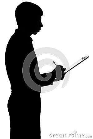 Silhouette of a business man signing a loan Stock Photo