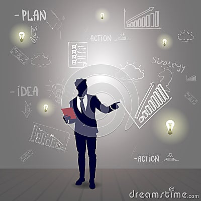 Silhouette Business Man With Sketch Financial Graphic Finance Success Report Vector Illustration