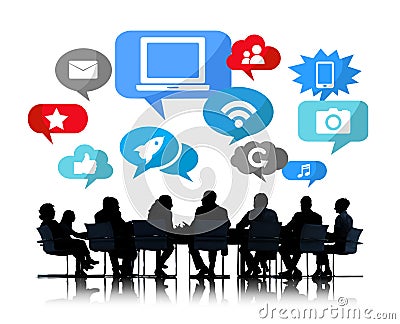 Silhouette of Business Meeting With Social Networks Stock Photo