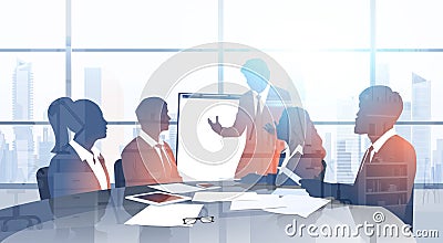 Silhouette Business People Team With Flip Chart Seminar Training Conference Brainstorming Presentation In Modern Office Vector Illustration