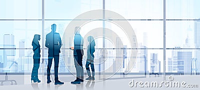 Silhouette Business People Team Stand Talking Seminar Training Conference Brainstorming In Modern Office Vector Illustration