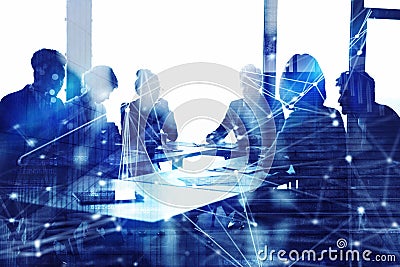 Silhouette of business people work together in office. Concept of teamwork and partnership. double exposure with network Stock Photo