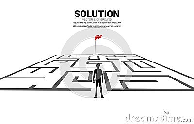 Silhouette of businessman enter to maze to red flag. Vector Illustration