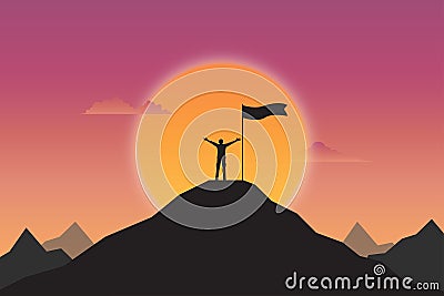 Silhouette of businessman and flag on top mountain Vector Illustration