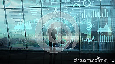 A businessman and virtual infographics on the background of a panoramic window Stock Photo