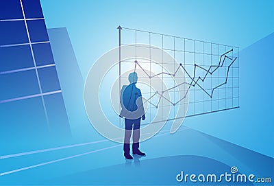 Silhouette Businessman Looking At Finance Graph, Business Man Analysing Results Concept Vector Illustration