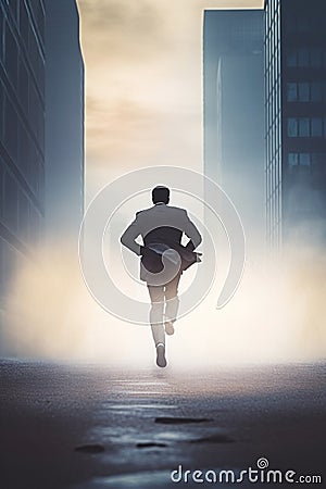 silhouette of a businessman running down a city street with tall buildings on both sides. Stock Photo