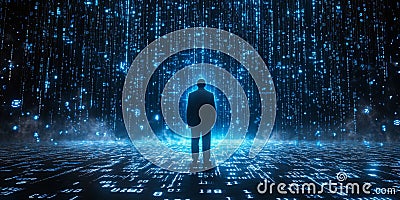 Silhouette of Businessman Standing Amidst Cascading Streams of Binary Code in Futuristic Cyberspace Stock Photo