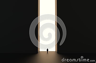 Silhouette of businessman standing in front of lighting door. 3d render. Stock Photo