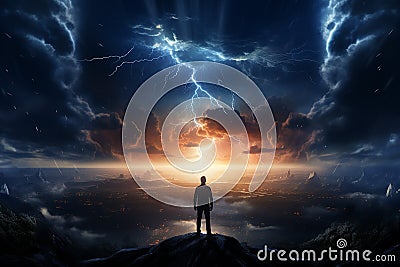 Silhouette of Businessman Standing on the Peak with Lightning in the Night Sky Generative AI Stock Photo