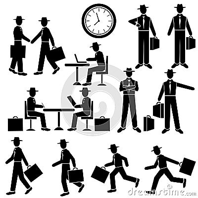 Silhouette Businessman - vector set. Walking and running , waiting for, at work. Man sit at the table. Business meeting. Vector i Vector Illustration