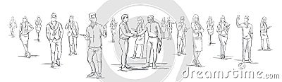 Silhouette Businessmen Shake Hands With Business People Group On Background, Businesspeople Shaking Hands Horizontal Vector Illustration