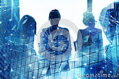 Silhouette of businessperson in office with network effect. concept of partnership and teamwork Stock Photo