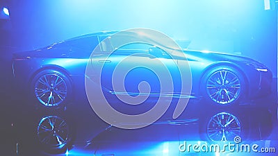 Silhouette of car with headlights on black background. Stock Photo