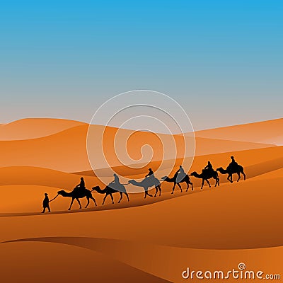 Silhouette caravan camel riders are hiking in the hot sun in the desert with sand mountain background vector illustration Vector Illustration