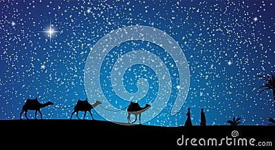 Silhouette of Caravan mit people and camels wandering Vector Illustration