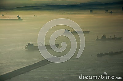 Silhouette cargo ship Stock Photo