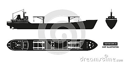 Silhouette of cargo ship on a white background. Top, side and front view. Container transport. Vector Illustration