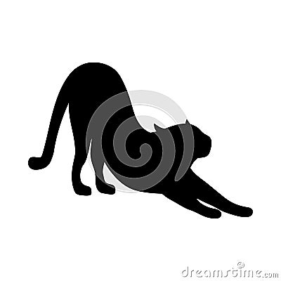 Silhouette of cat that arches its back. Black silhouette of tigress, panther or lioness. Blacl cat is stretched Vector Illustration