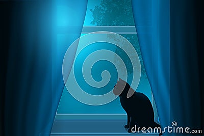 Silhouette of a cat sitting on a windowsill under the light of the moon in a window. Vector Illustration