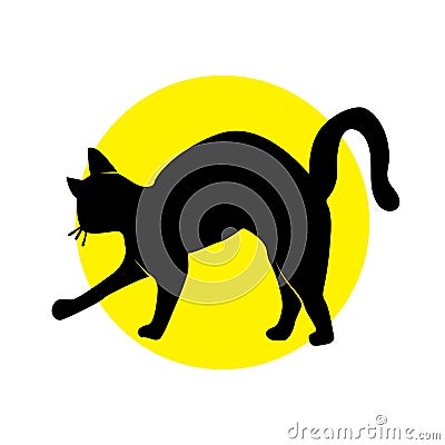 Silhouette cat on yellow circle Vector Illustration