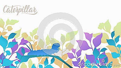 Silhouette caterpillar creeps along the blade of grass in the bushes background. Life of insects in the wild illustration. Beauty Cartoon Illustration