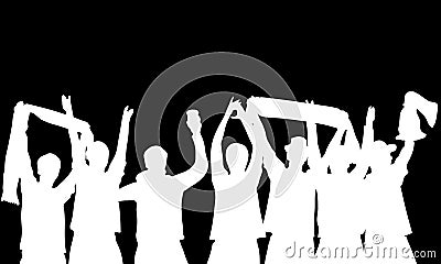 Silhouette of cheering football fans white on black Stock Photo