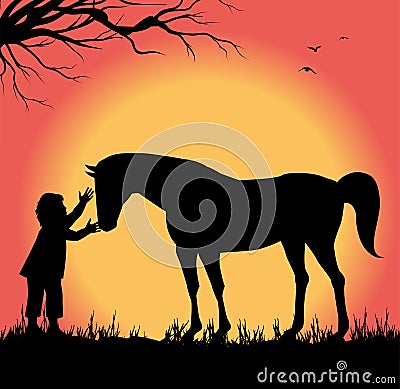 Silhouette of child petting a horse Vector Illustration