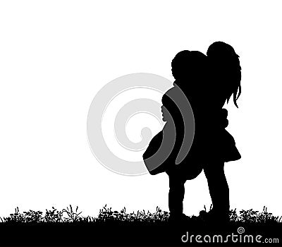 Silhouette of children hugging, friend Stock Photo