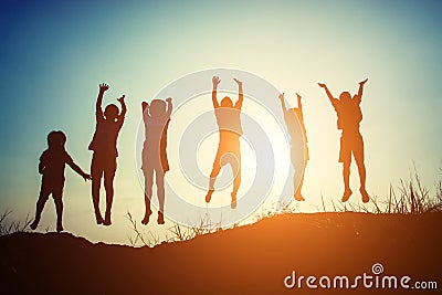 Silhouette of children jump gladness happy time Stock Photo