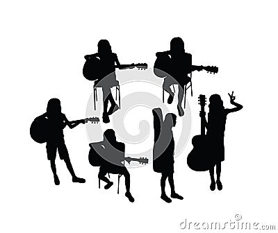 Silhouette of Children Learning the Guitar Vector Illustration