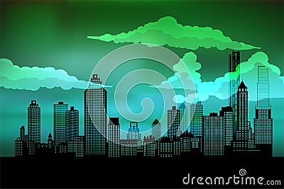 Silhouette of the city. Cityscape background. Urban landscape. For banner or template. Modern city with layers. Vector Illustration