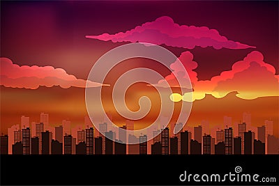 Silhouette of the city. Cityscape background. Urban landscape. For banner or template. Modern city with layers. Cartoon Illustration