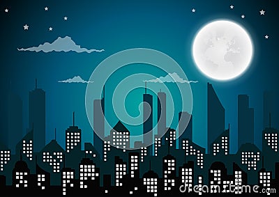 Silhouette of the city and night with full moon at the sky Vector Illustration