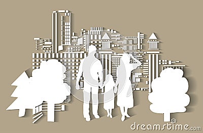 Silhouette city people family flat. Vector Illustration