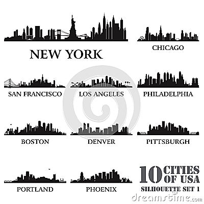 Silhouette city set of USA #1 Vector Illustration