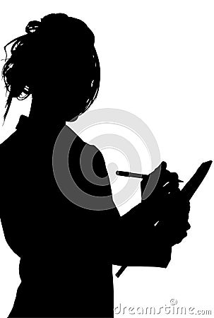 Silhouette With Clipping Path of Woman Writing on Tablet Stock Photo