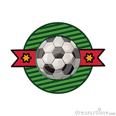 Silhouette color emblem with soccer ball and ribbon in middle Vector Illustration