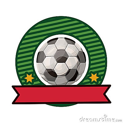 Silhouette color emblem with soccer ball and ribbon Vector Illustration