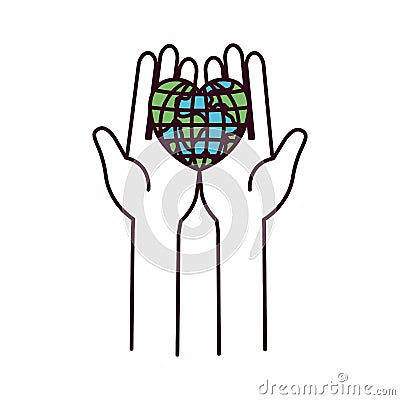 Silhouette color sections front view hands holding in palms a earth globe world in heart shape Vector Illustration