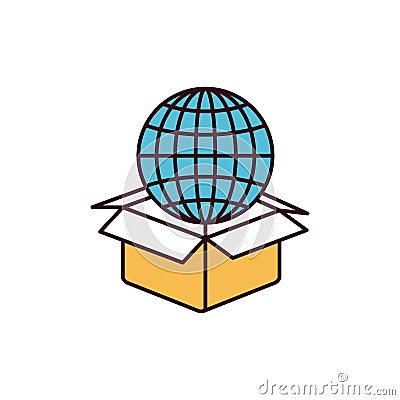Silhouette color sections globe earth world chart coming out of cardboard box Vector Illustration