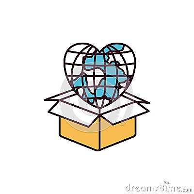 Silhouette color sections globe earth world in heart shape coming out of cardboard box Vector Illustration