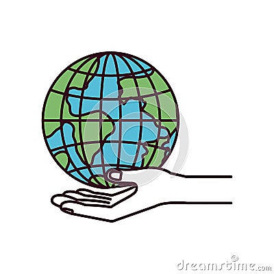 Silhouette color sections hand palm giving a earth globe world charity symbol Vector Illustration