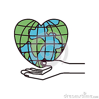 Silhouette color sections hand palm giving a earth globe world in heart shape Vector Illustration