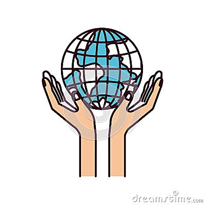 Silhouette color sections hands with floating earth globe world charity symbol Vector Illustration