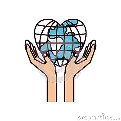 Silhouette color sections hands with floating earth globe world in heart shape Vector Illustration