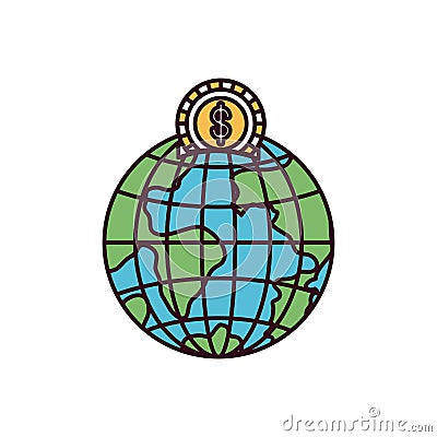 Silhouette color sections money box in globe earth world with coin dollar symbol Vector Illustration